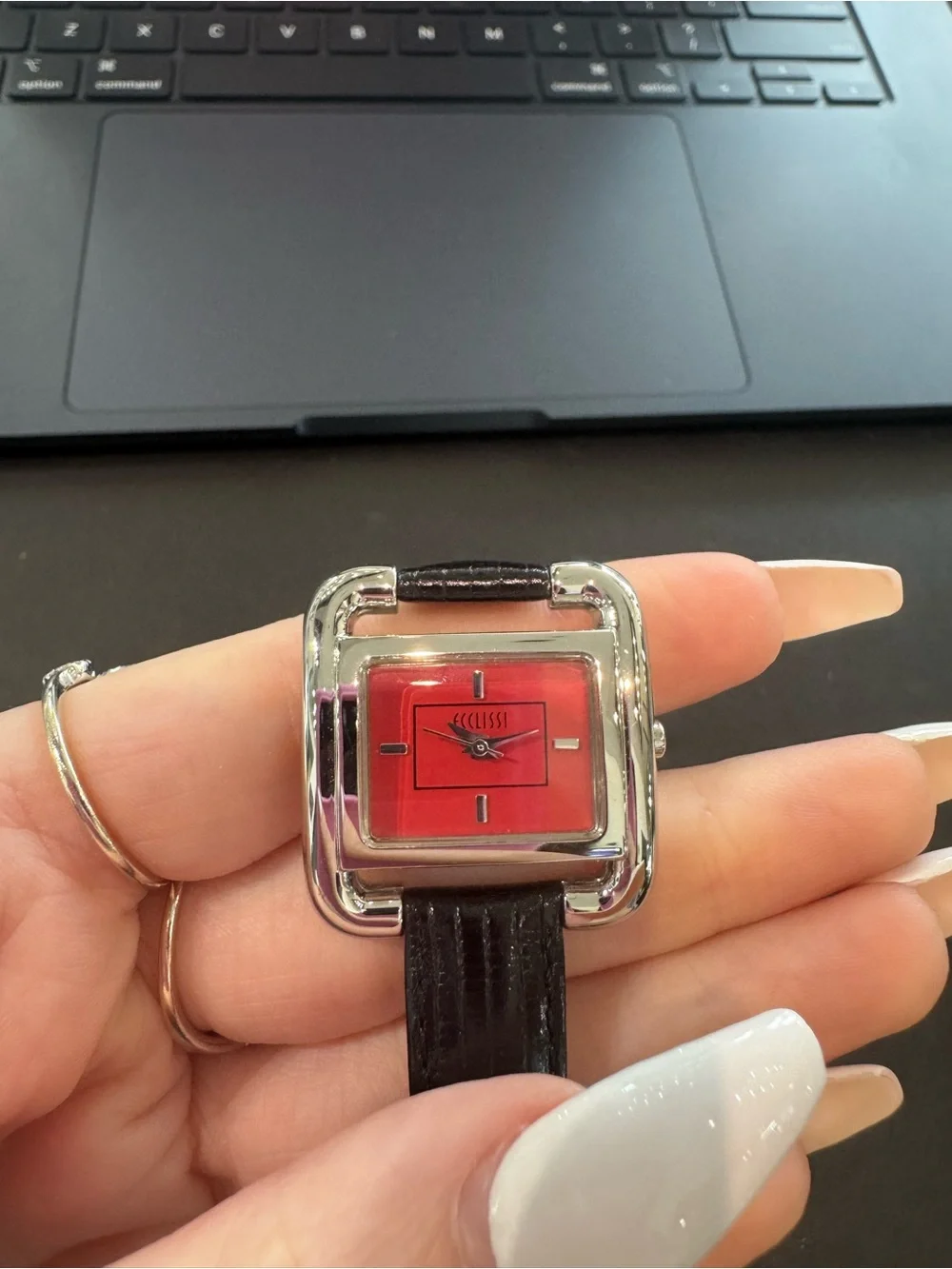 Vintage Ecclissi Silver Square Watch with Red Dial & Black Leather Band
